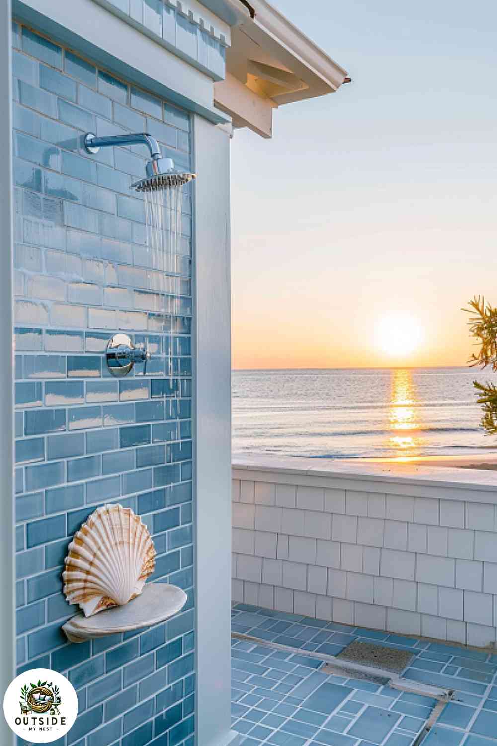 Coastal cottage outdoor shower with blue tiles