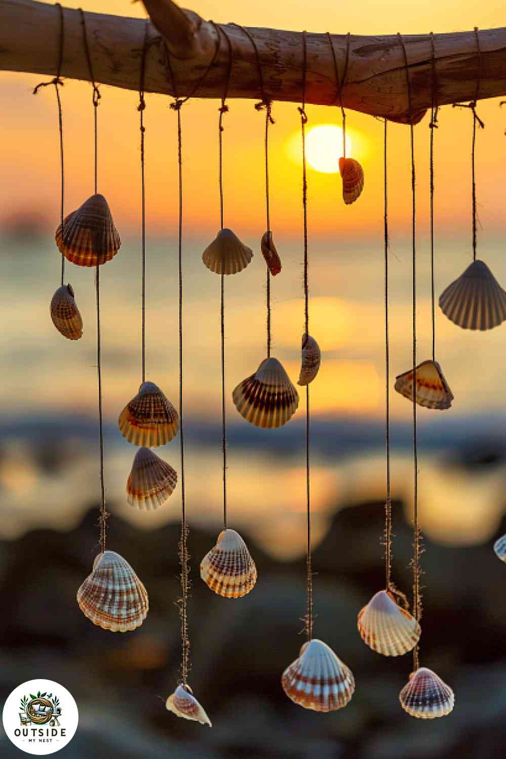 Coastal shell wind chimes hanging from driftwood
