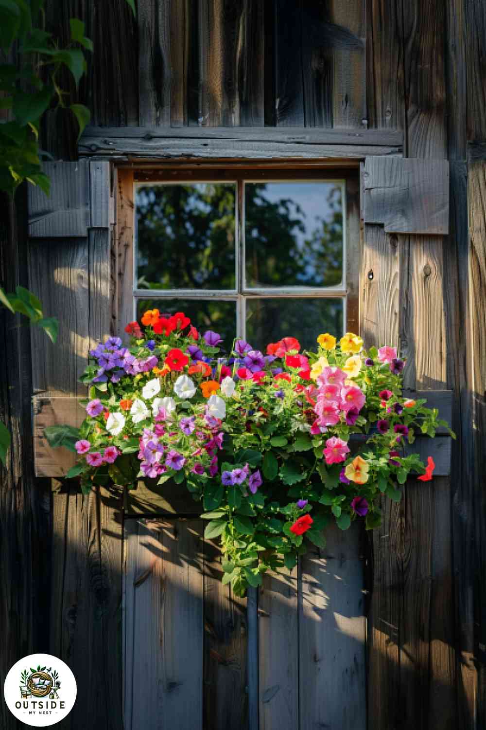 Cottagecore theme window box with colorful flowers.