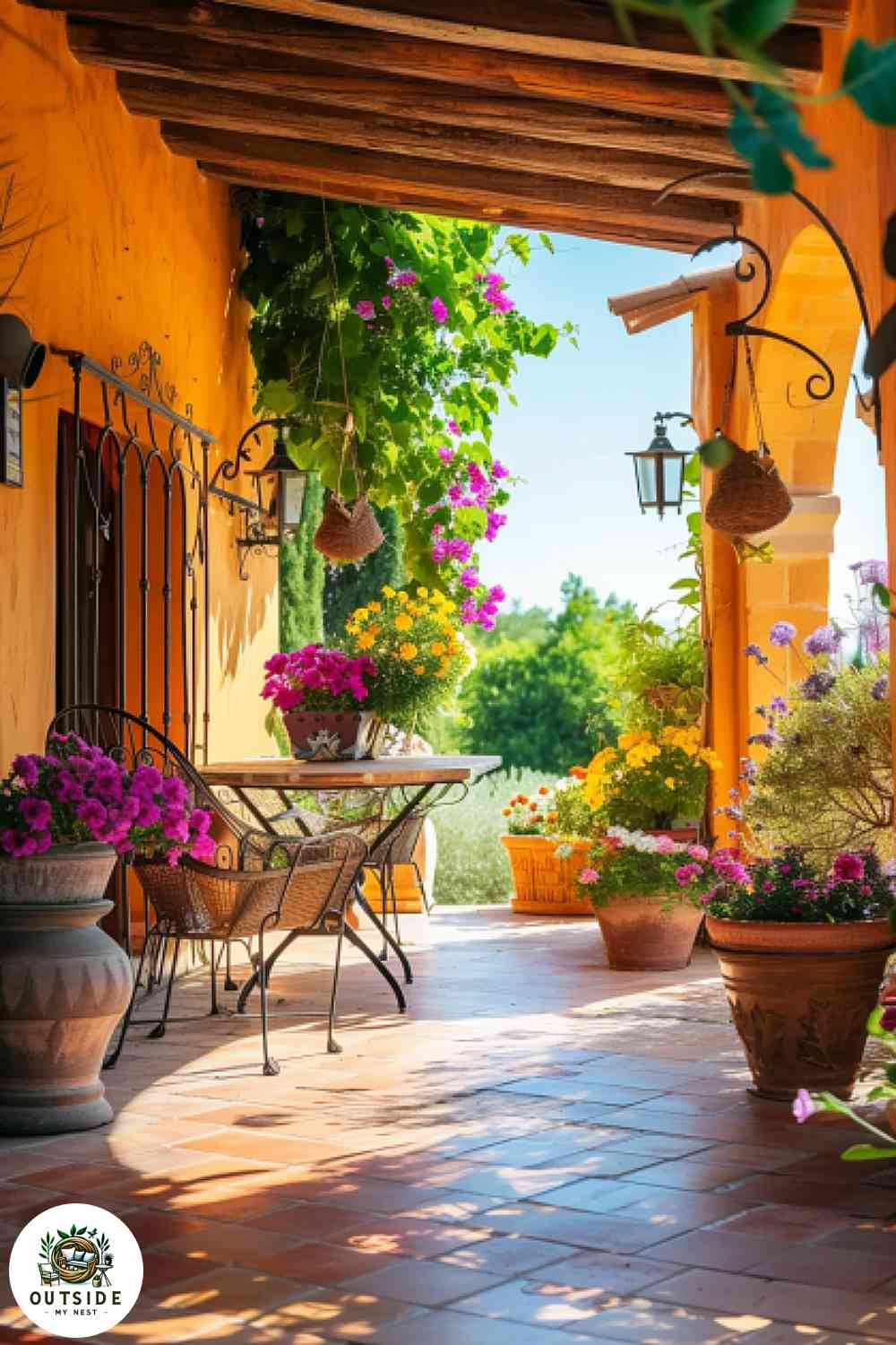 Rustic patio with colorful terracotta tiles and flower pots