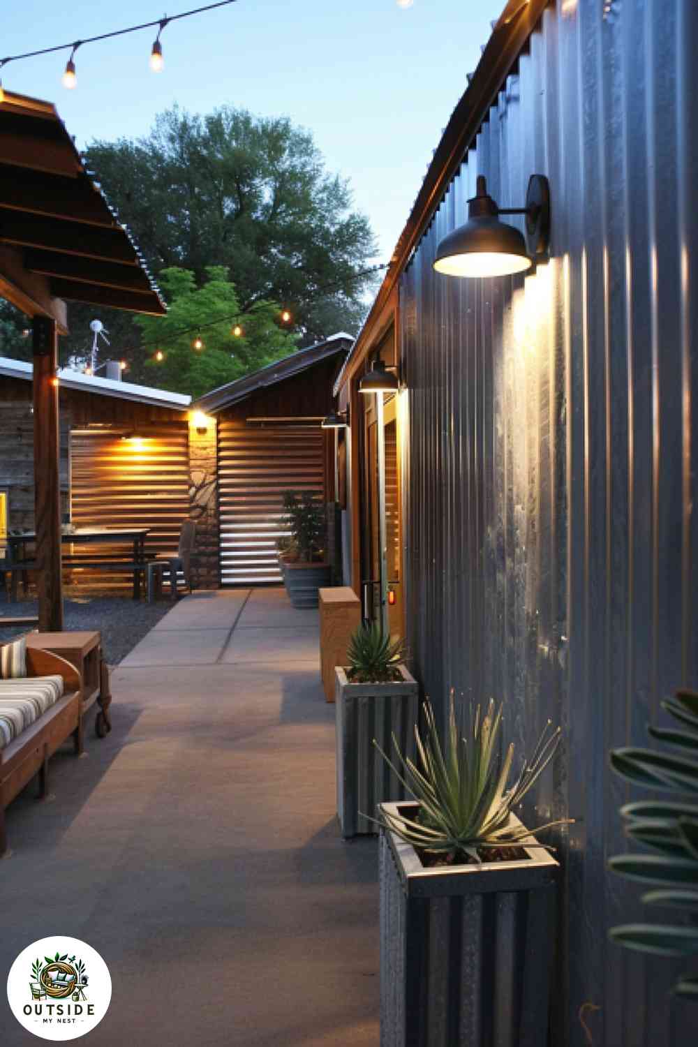 Corrugated metal privacy fence on chic patio