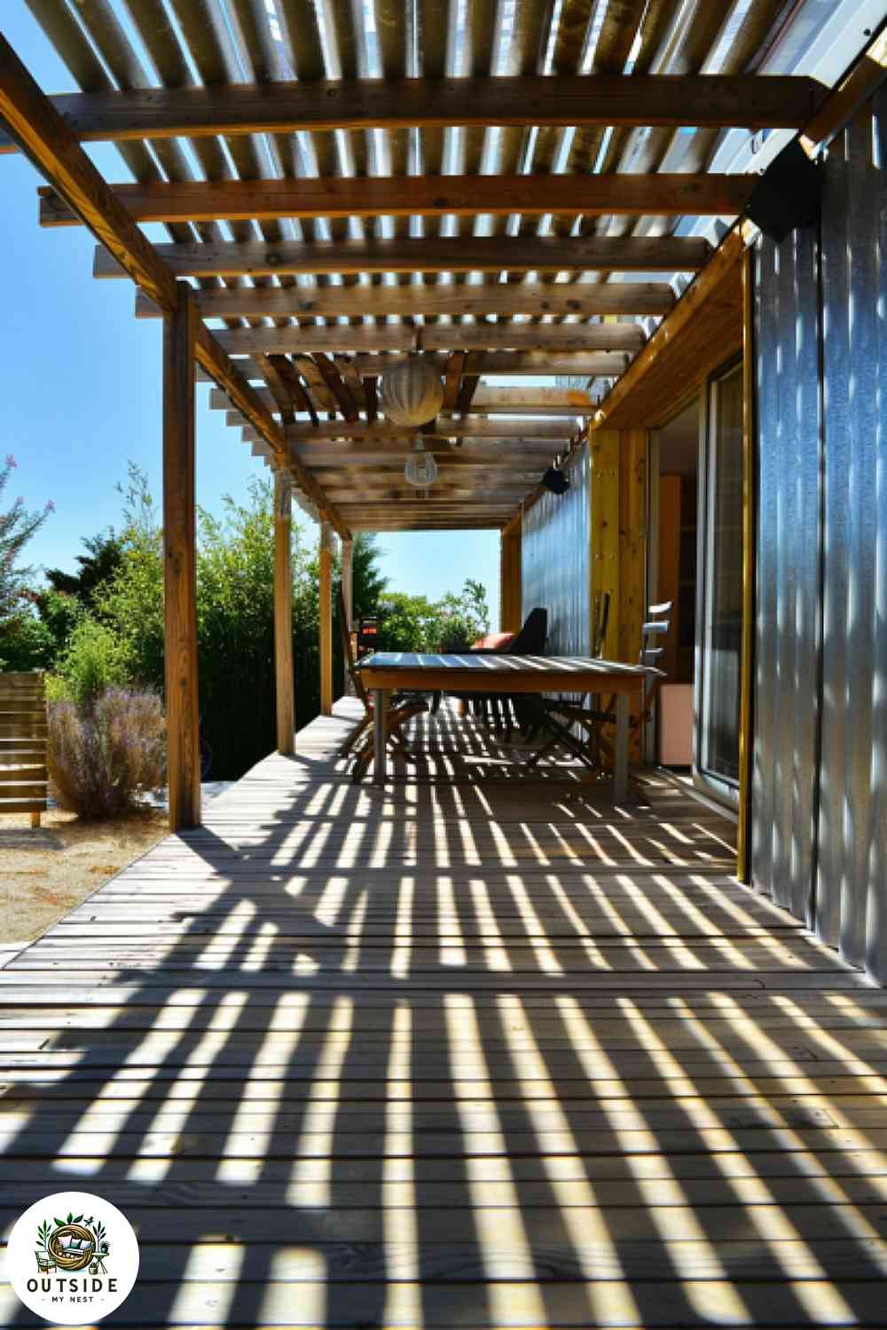 Industrial look deck skirting with corrugated metal