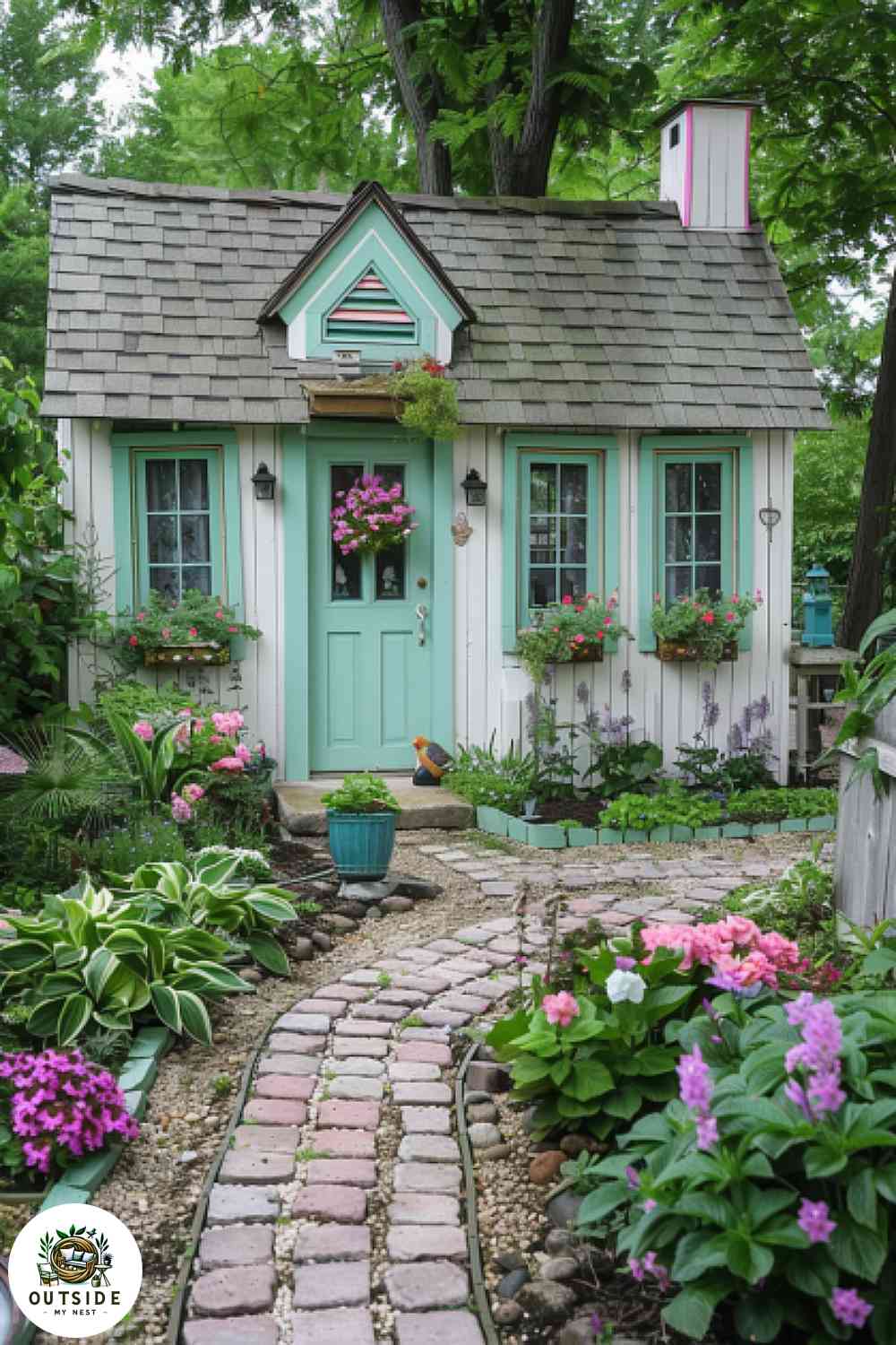 Cottage-style garden shed with floral window boxes and a cobblestone path.