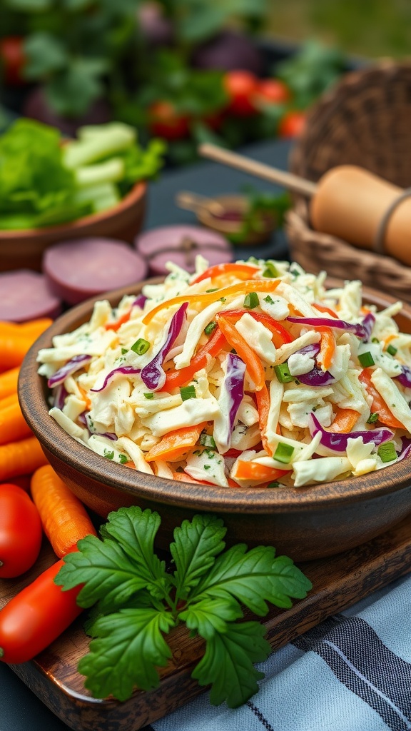 A bowl of colorful creamy coleslaw with carrots and cabbage, garnished with parsley.