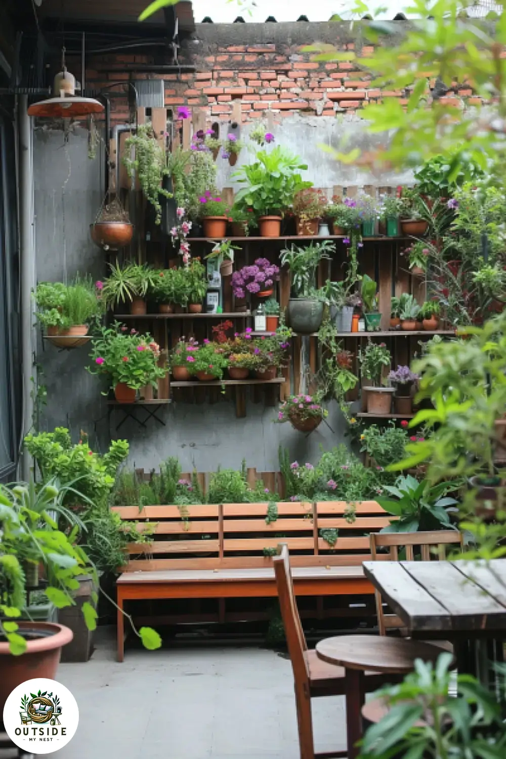 Patio wall with an array of potted plants and vertical planters