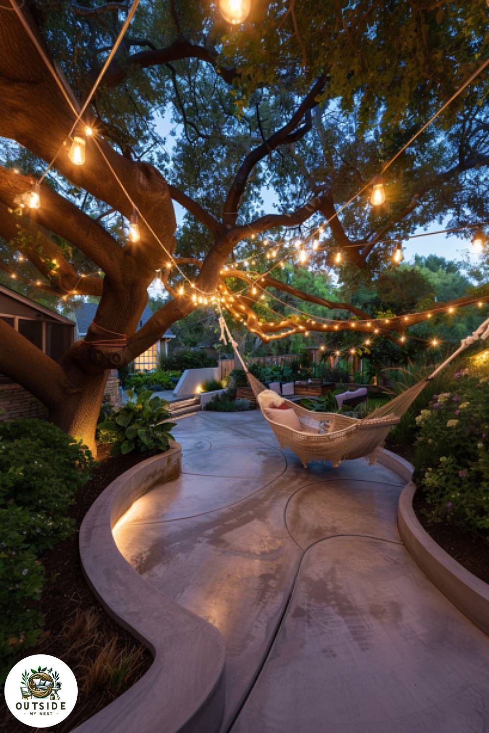 Curved concrete patio with hammock nook and string lights.