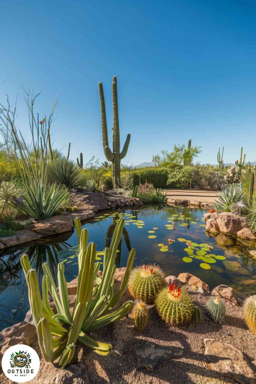 Desert oasis pond with cacti and desert plants