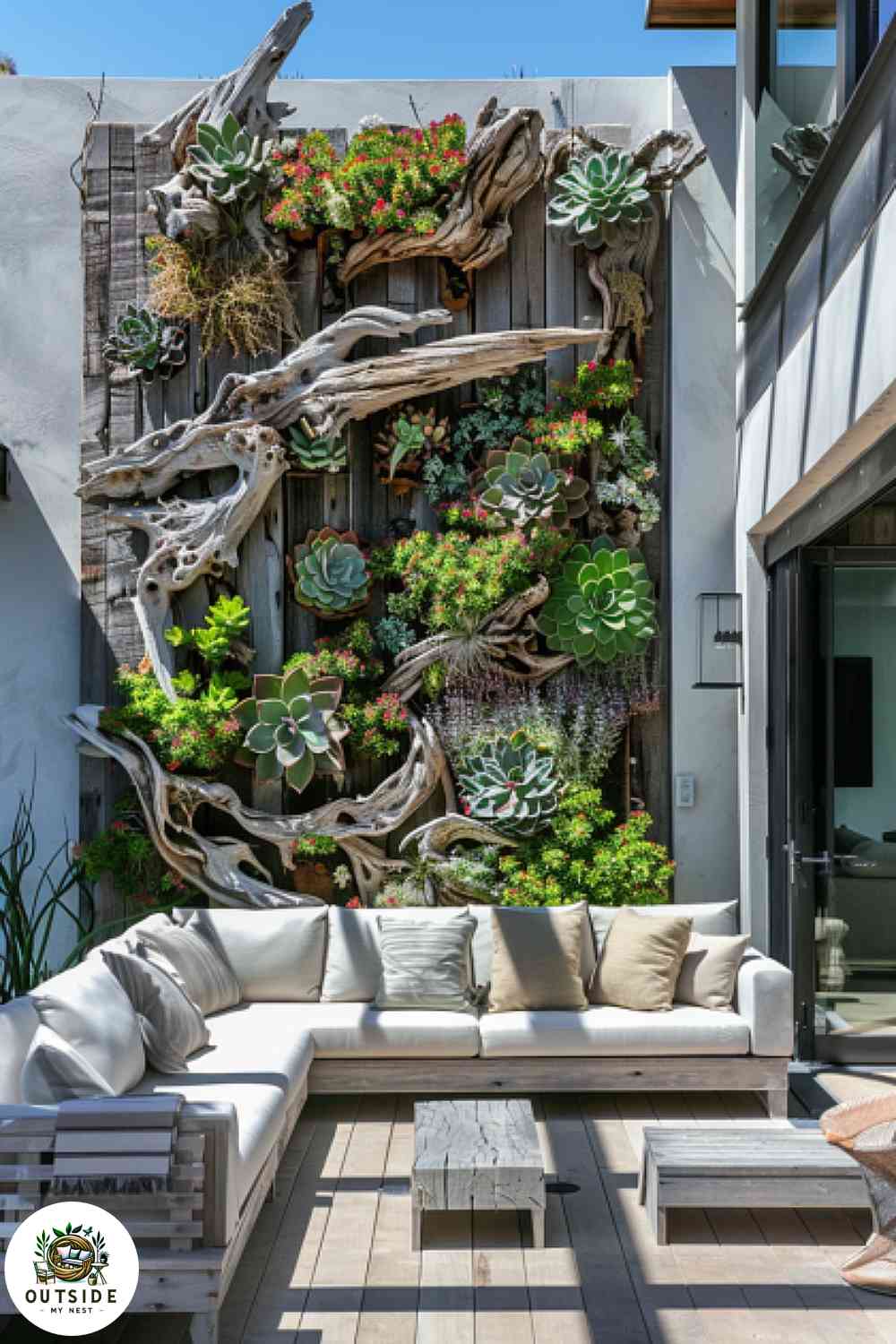 Vertical garden with driftwood planters and assorted succulents on a beach-themed modern patio