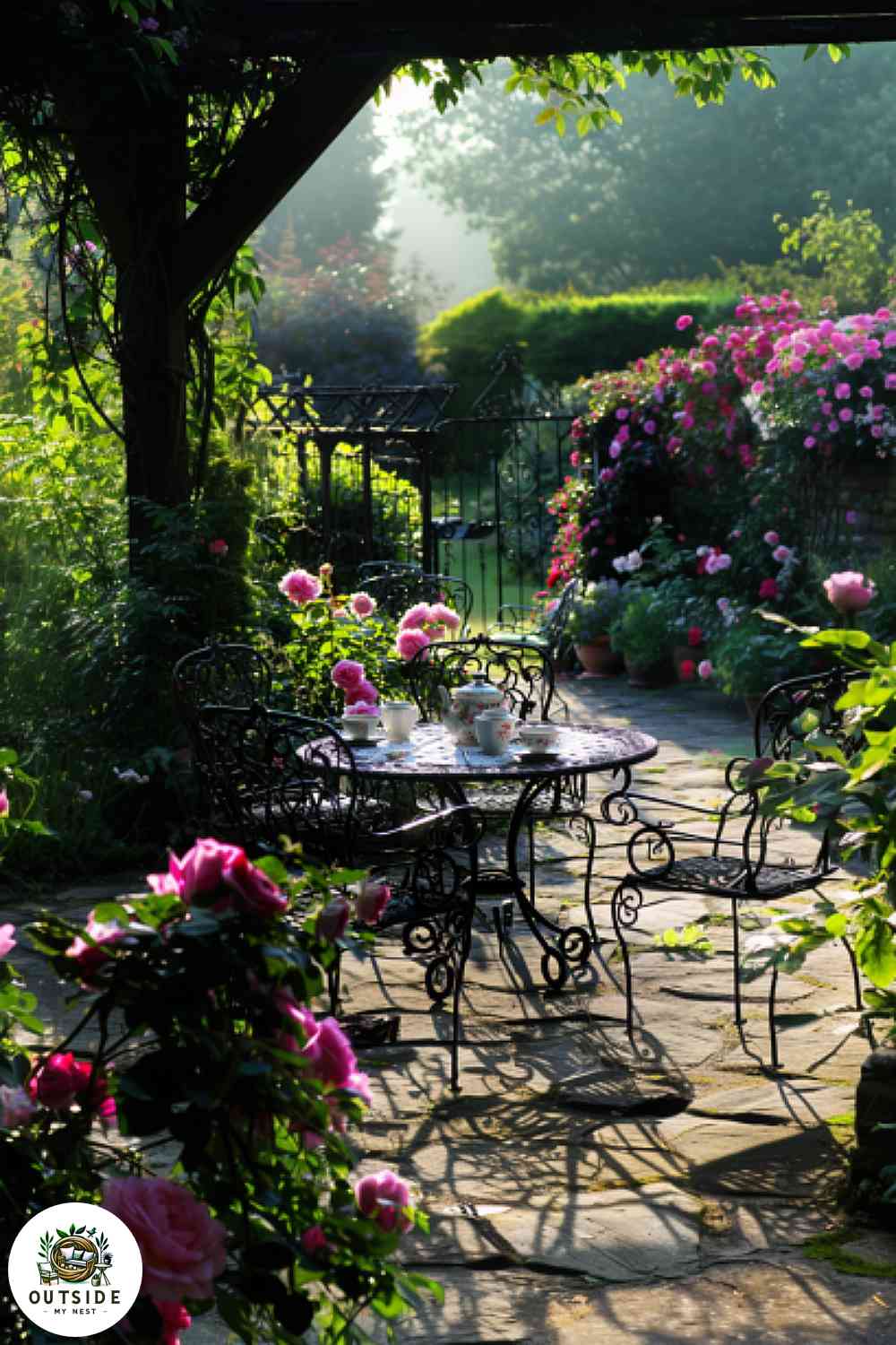 English garden patio with vintage furniture and rose bushes.
