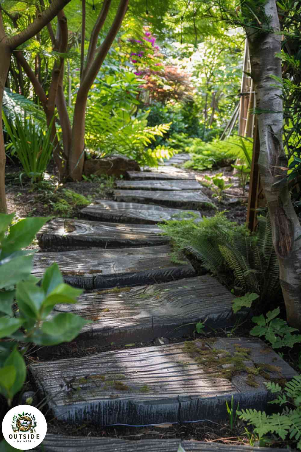 Faux wood stepping stones in woodland path