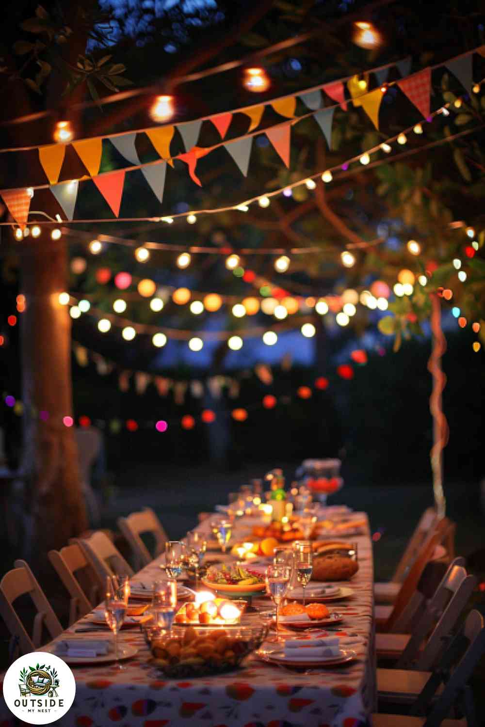 Lively outdoor dining under festive string lights