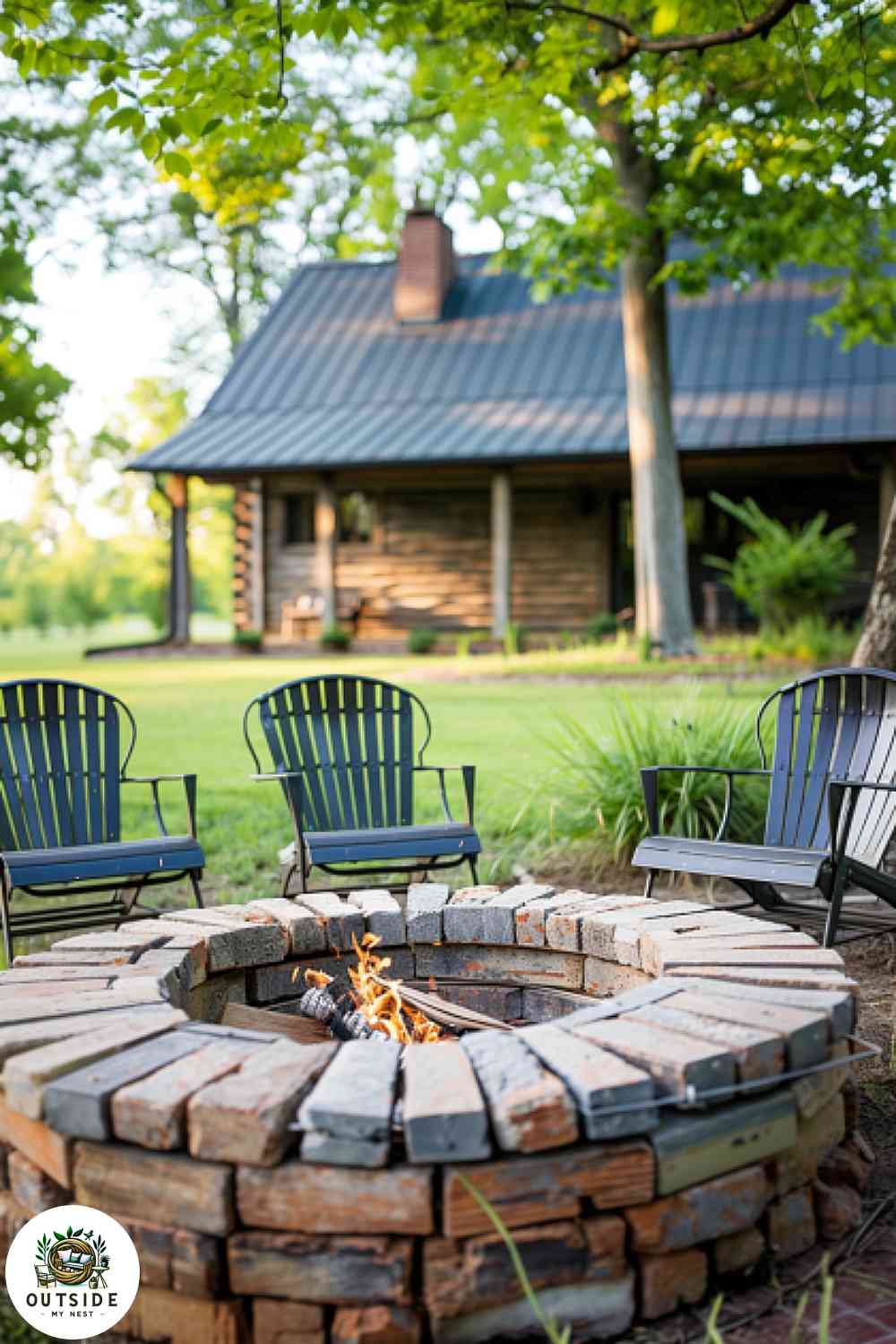 DIY fire pit made from recycled bricks with simple metal chairs