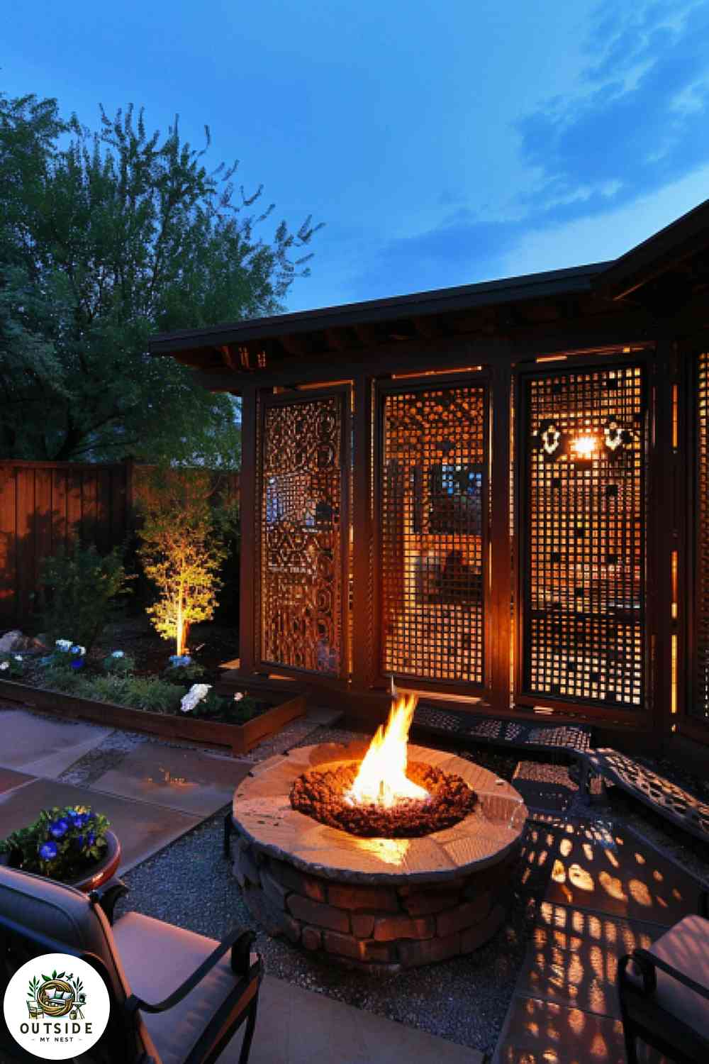 Enclosed patio with a cozy fire pit