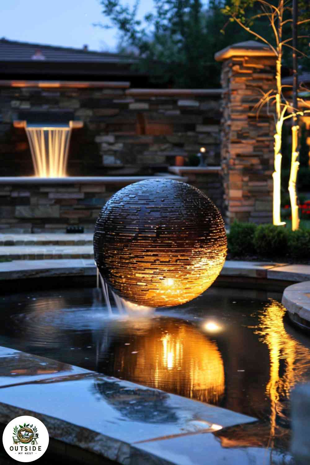 Modern floating sphere fountain in a reflective pool at night