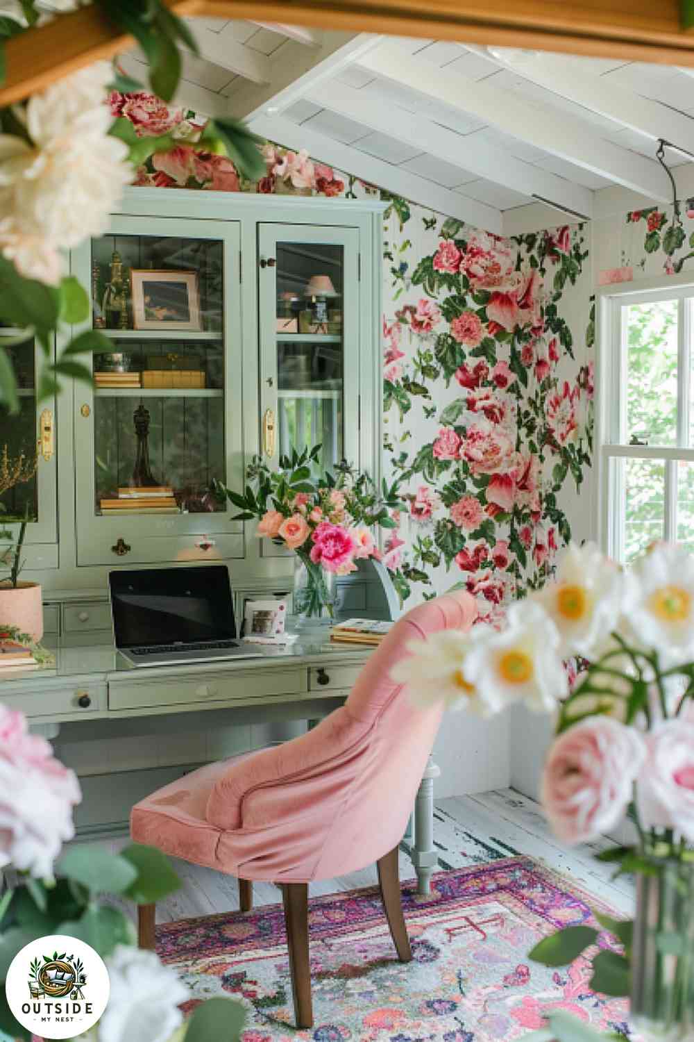 Floral themed she shed office with fresh flowers and light decor.