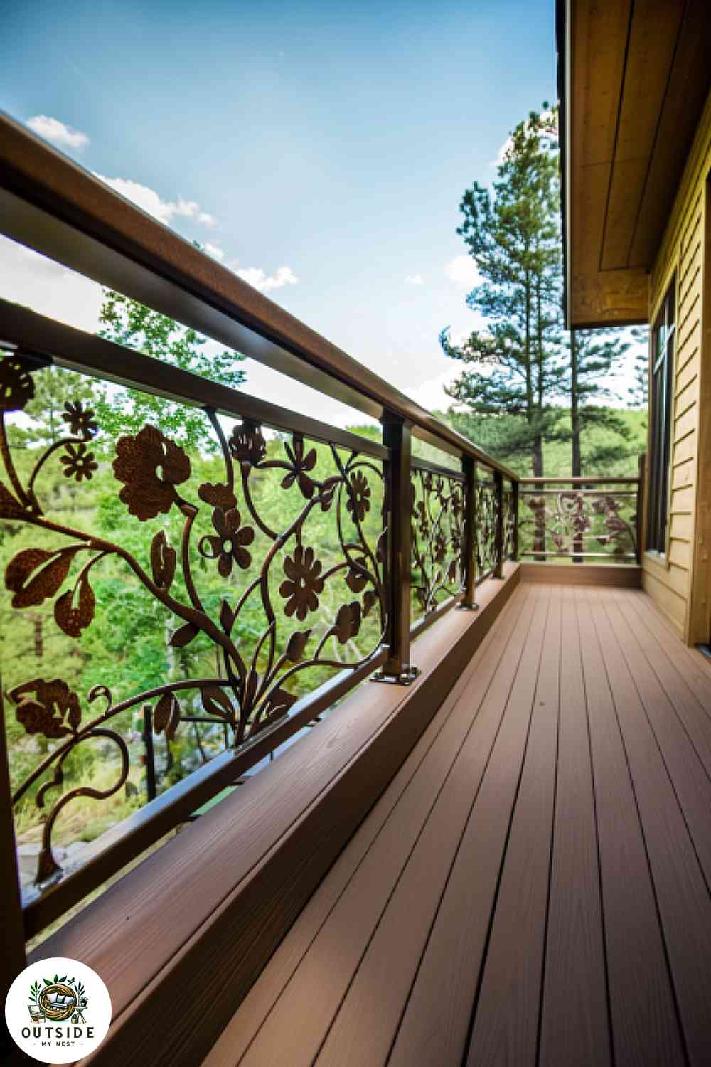 Floral design metal deck railing in a garden-like setting
