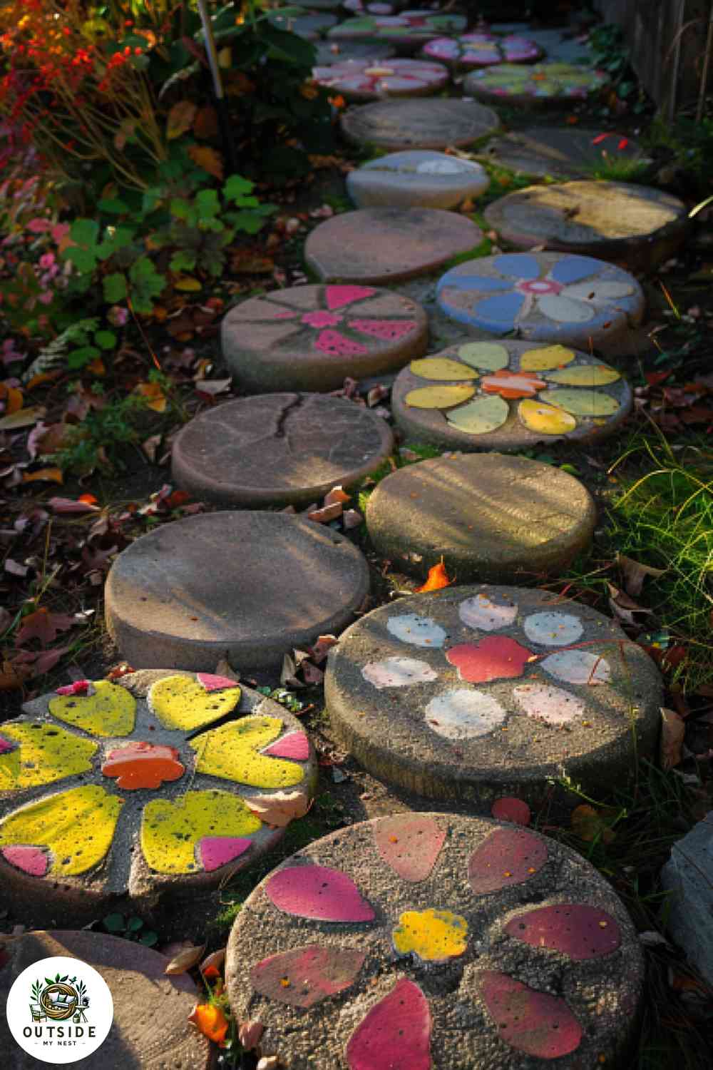 Floral stepping stones in a colorful garden