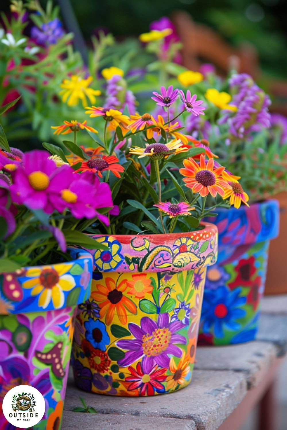 Flower power planters in hippie garden