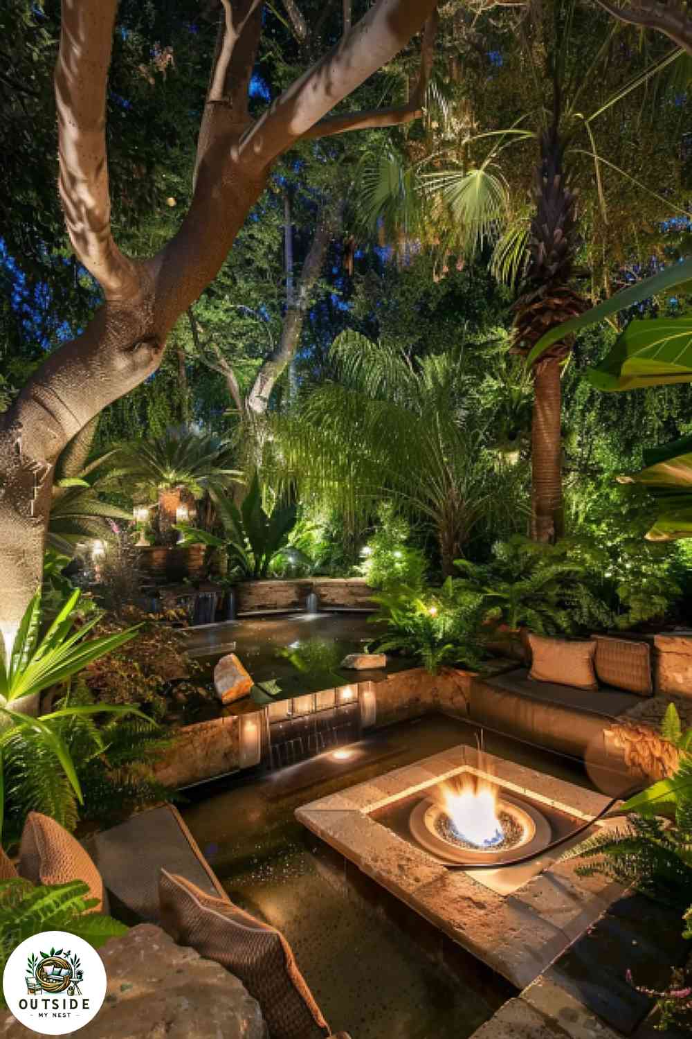 Garden fire pit with water feature