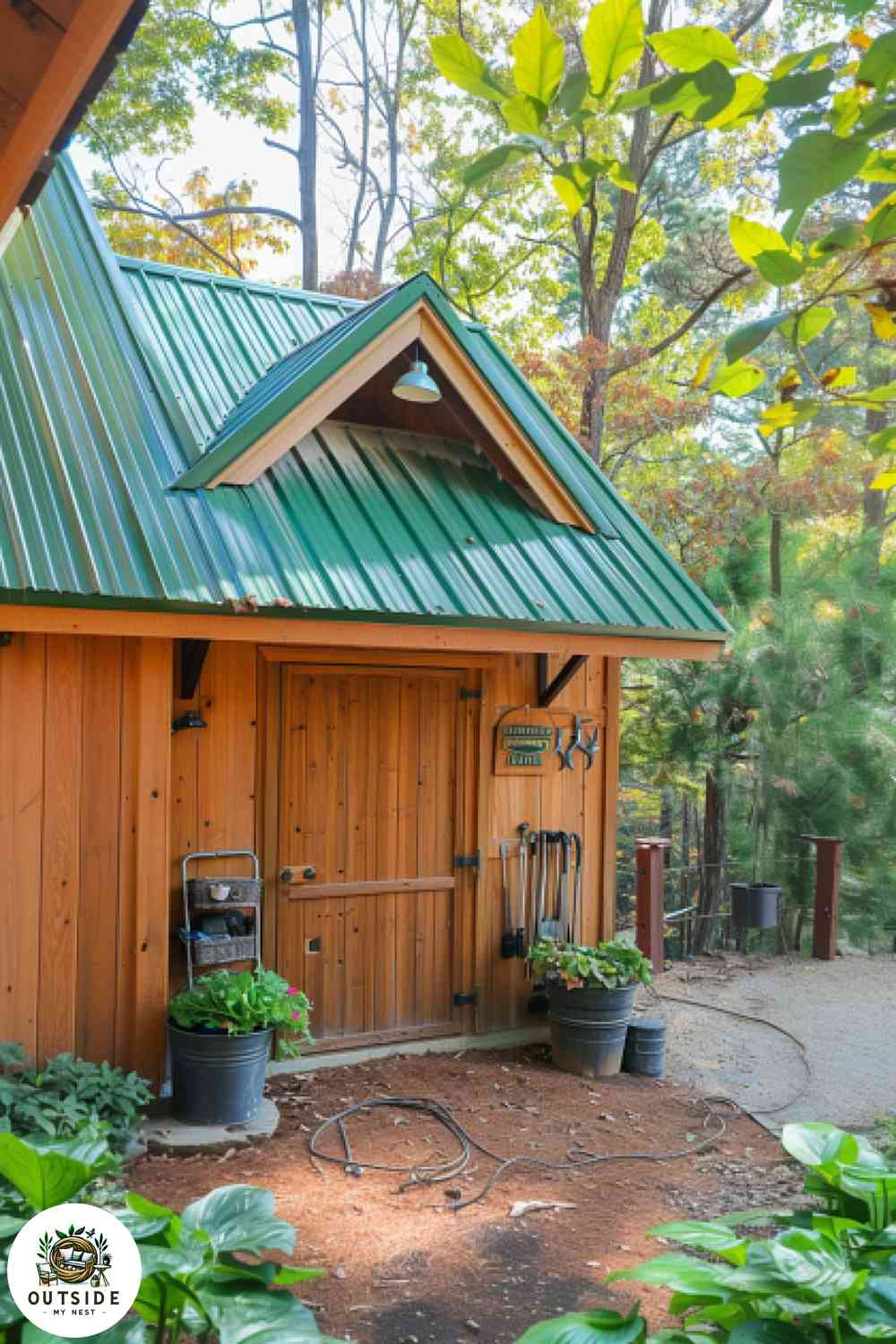 Garden shed and garage combo with green roof