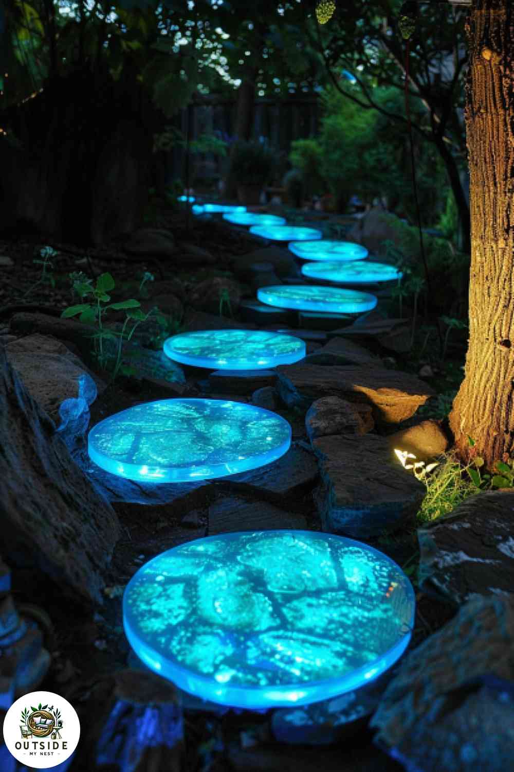 Glow-in-the-dark stepping stones in night garden