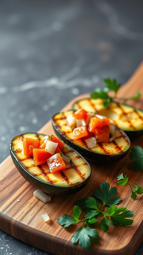 Grilled avocado halves topped with fresh salsa, garnished with parsley on a wooden board.