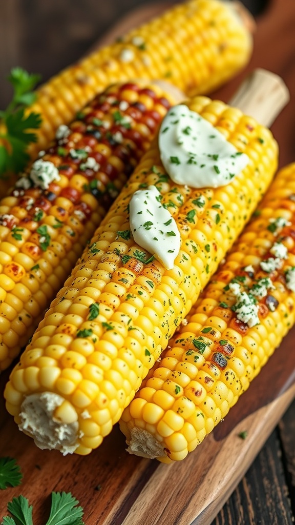 Grilled corn on the cob with herbed butter on a wooden board.