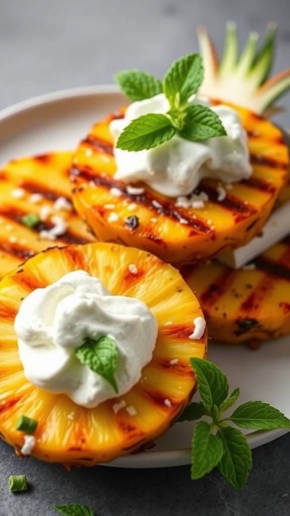 Grilled pineapple slices topped with coconut whipped cream and fresh mint.
