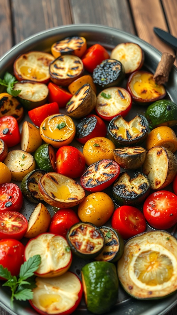 A colorful platter of grilled vegetables including bell peppers, zucchini, and cherry tomatoes.