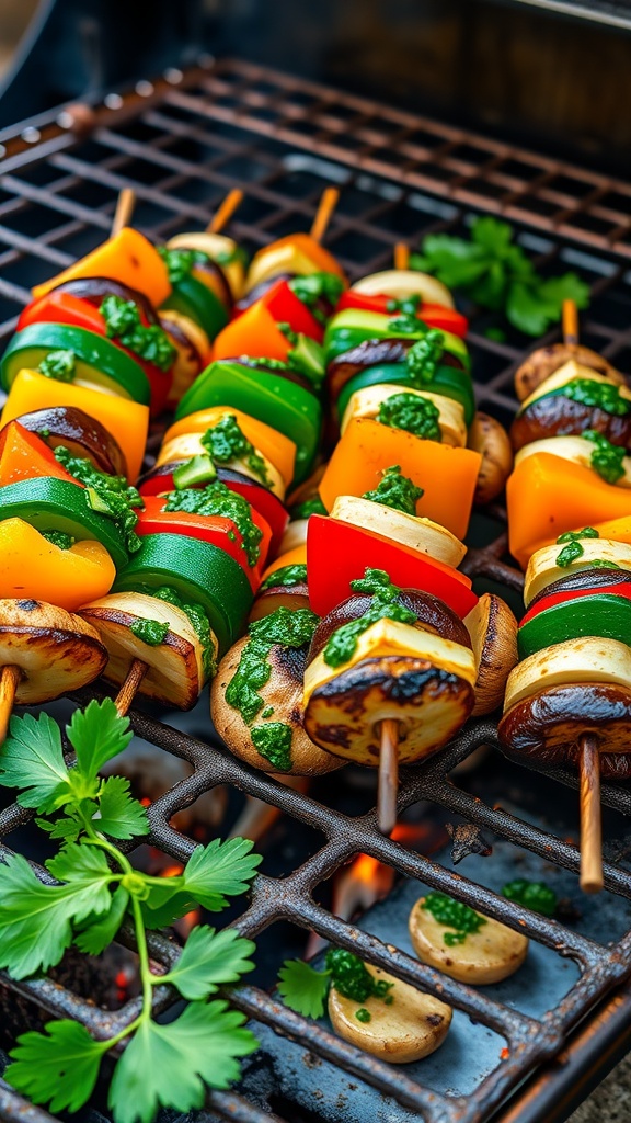 Colorful grilled vegetable skewers with chimichurri sauce on a grill.