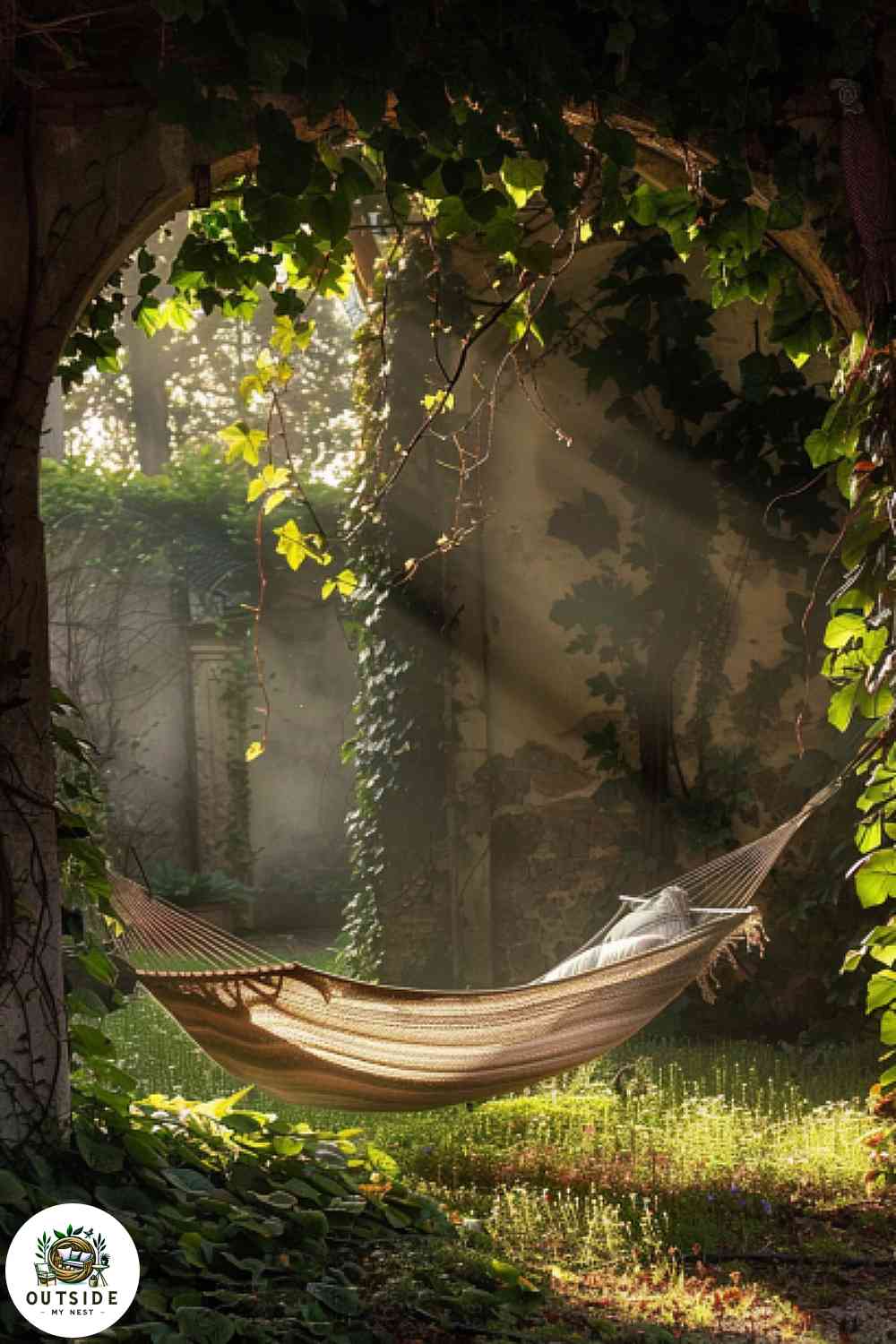 Hammock in a secret garden nook with ivy walls