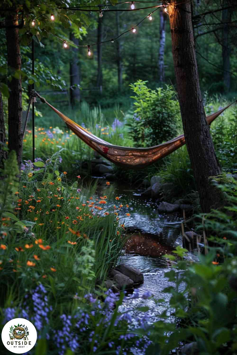 Hammock suspended over a stream at twilight