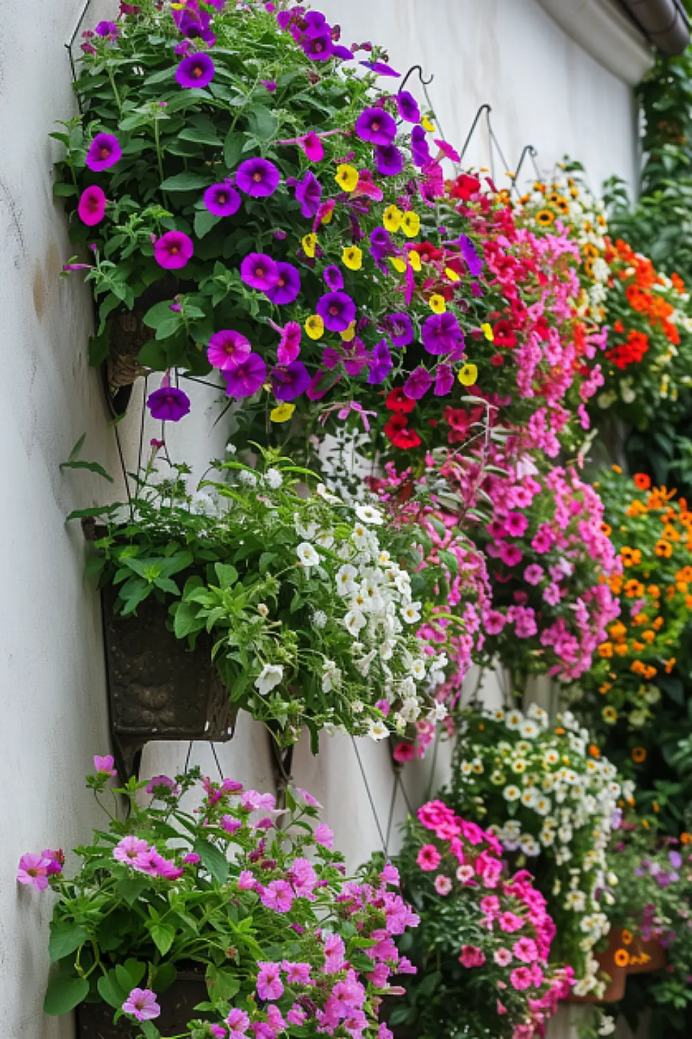 Hanging baskets on apartment patio wall