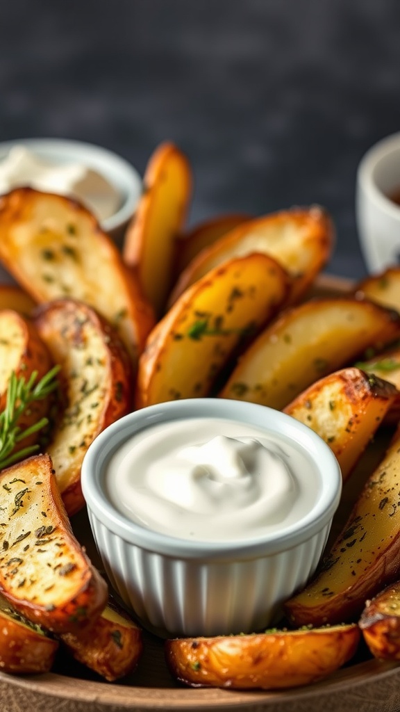 A plate of crispy herbed potato wedges with a small bowl of vegan sour cream for dipping.