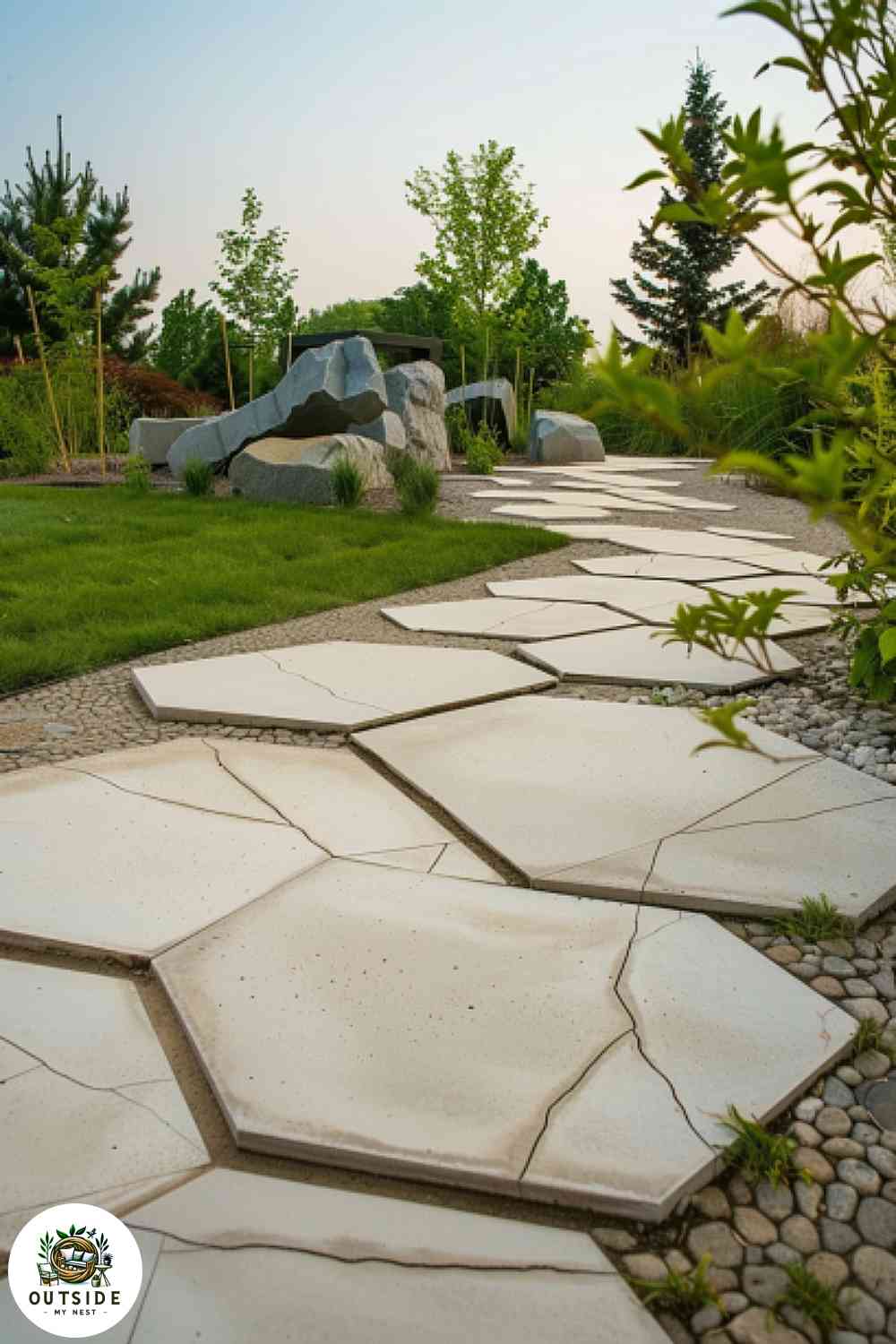 Hexagon stepping stones in modern garden