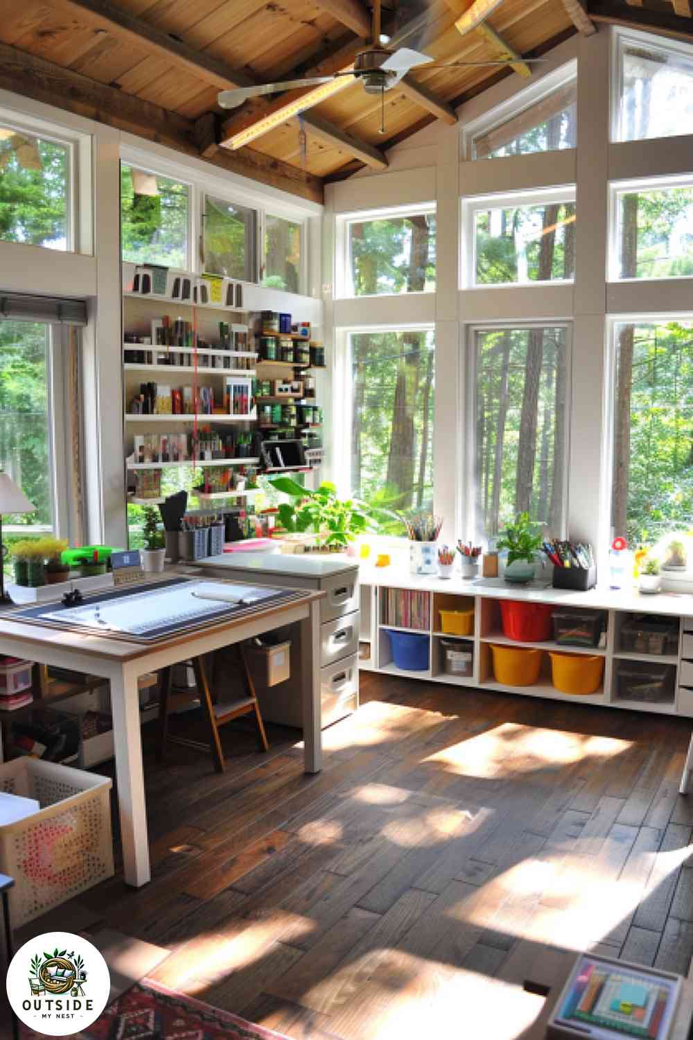 Hobbyist's haven shed with crafting tables and organized storage.