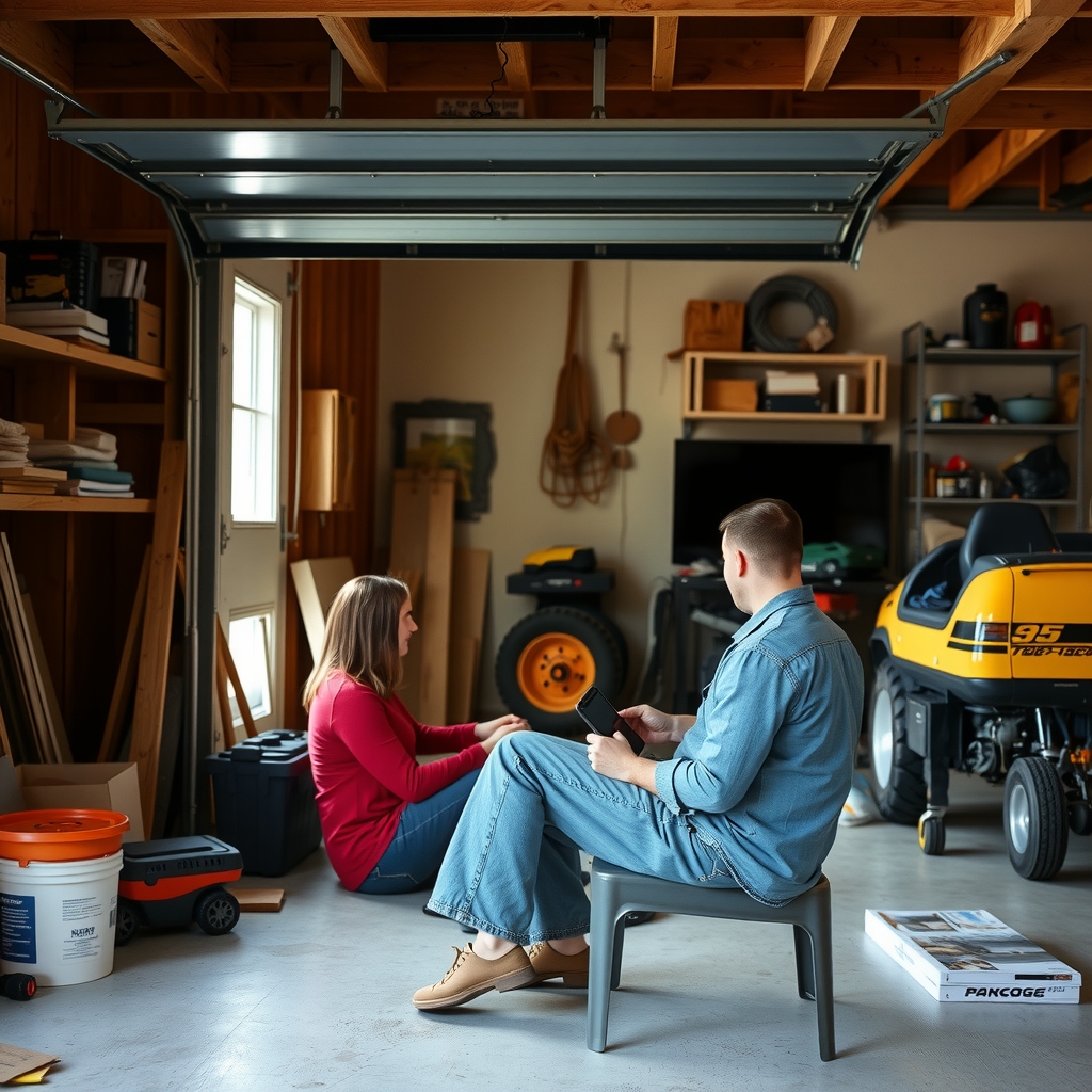 A wife sits nearby while her husband works in the garage.