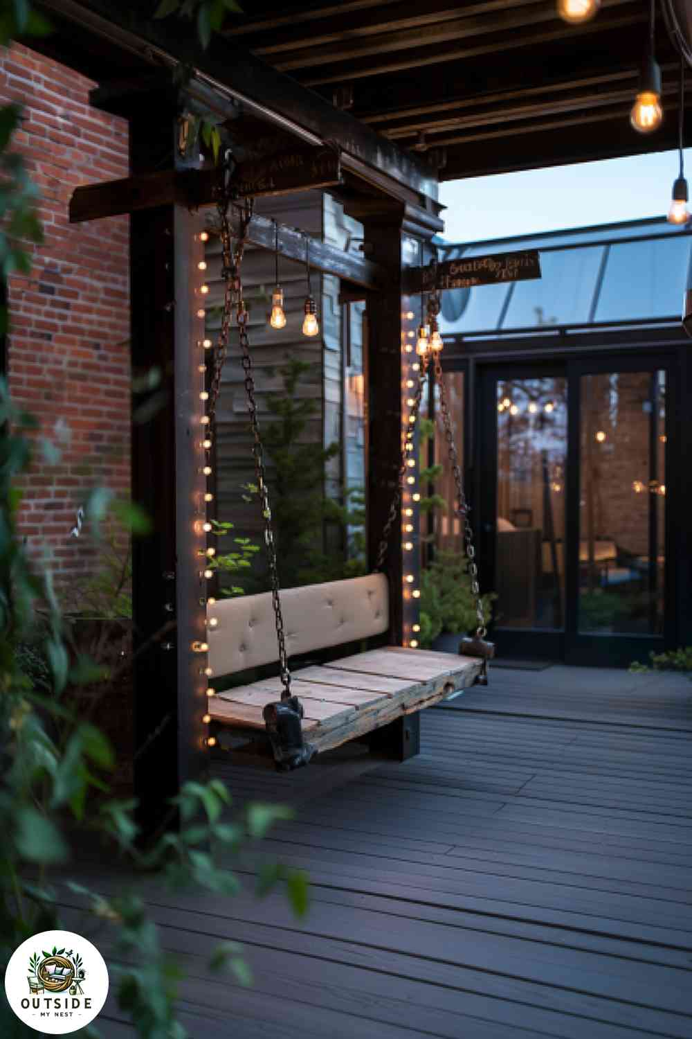 Industrial chic porch swing with iron chains