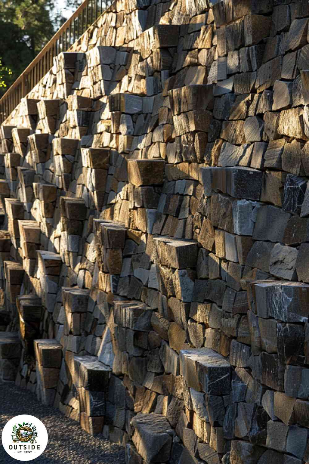Interlocking block retaining wall with a geometric design.