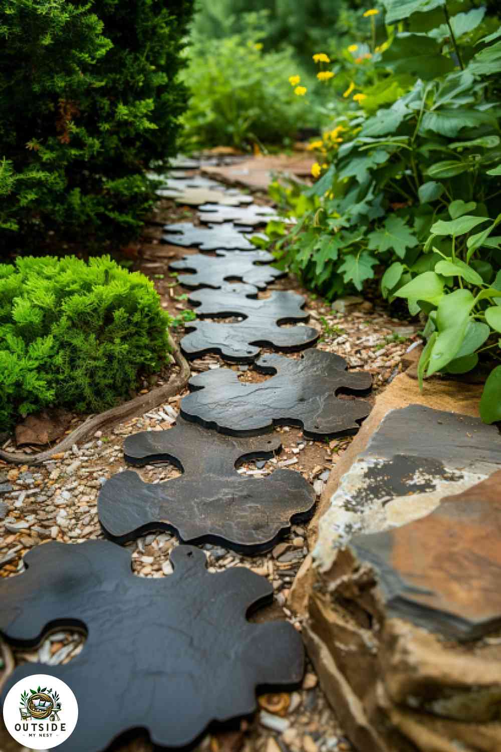 Interlocking puzzle piece stepping stones in family garden