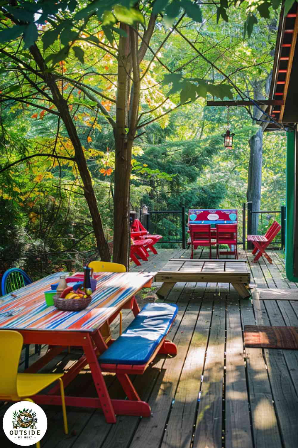 Kid-sized picnic table on a wooden deck.