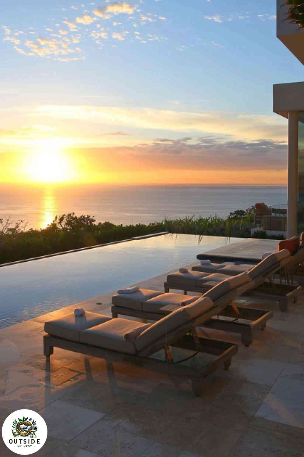 Large outdoor tiles on a patio with minimalistic design and infinity pool