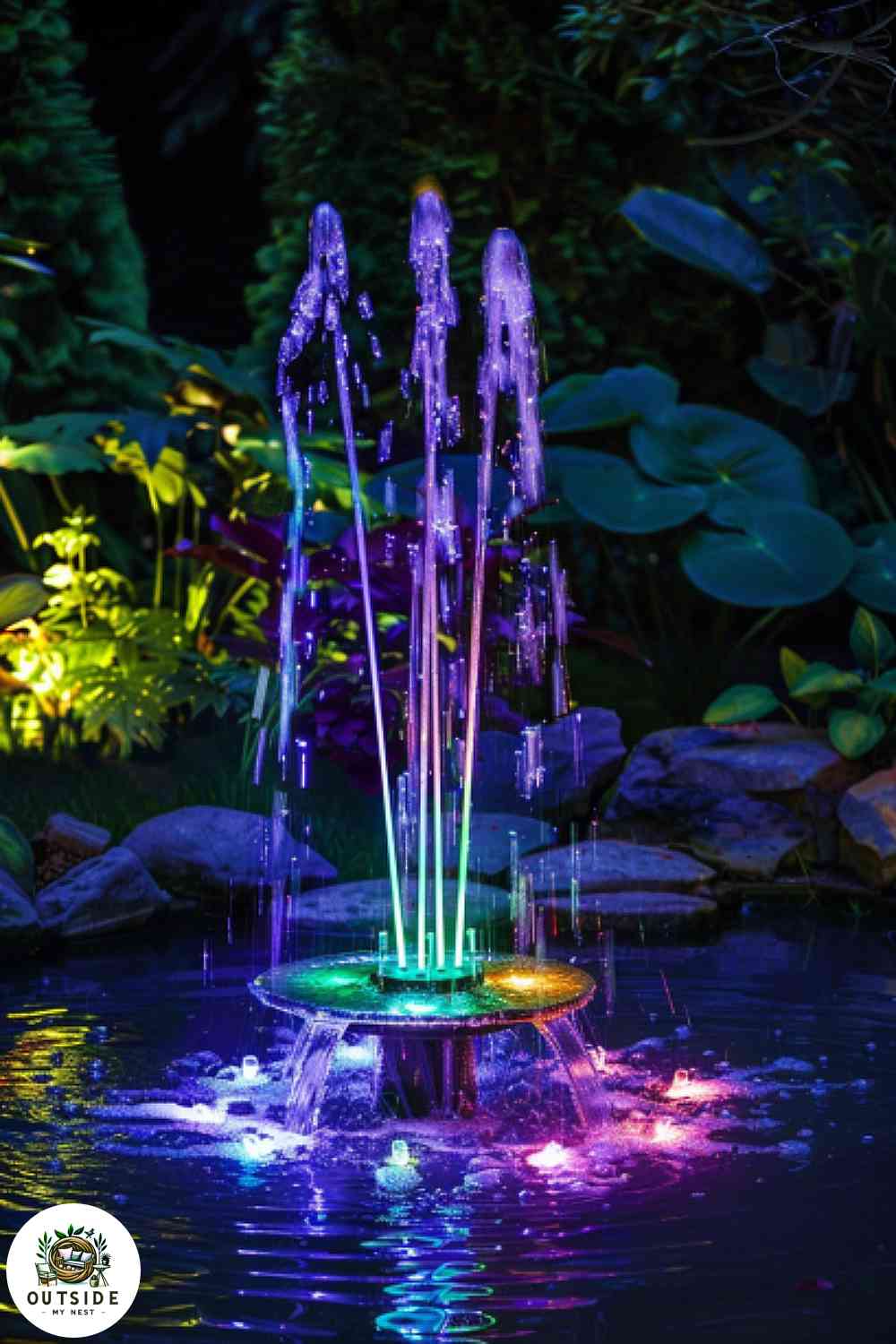 LED light show fountain in a backyard pond at night
