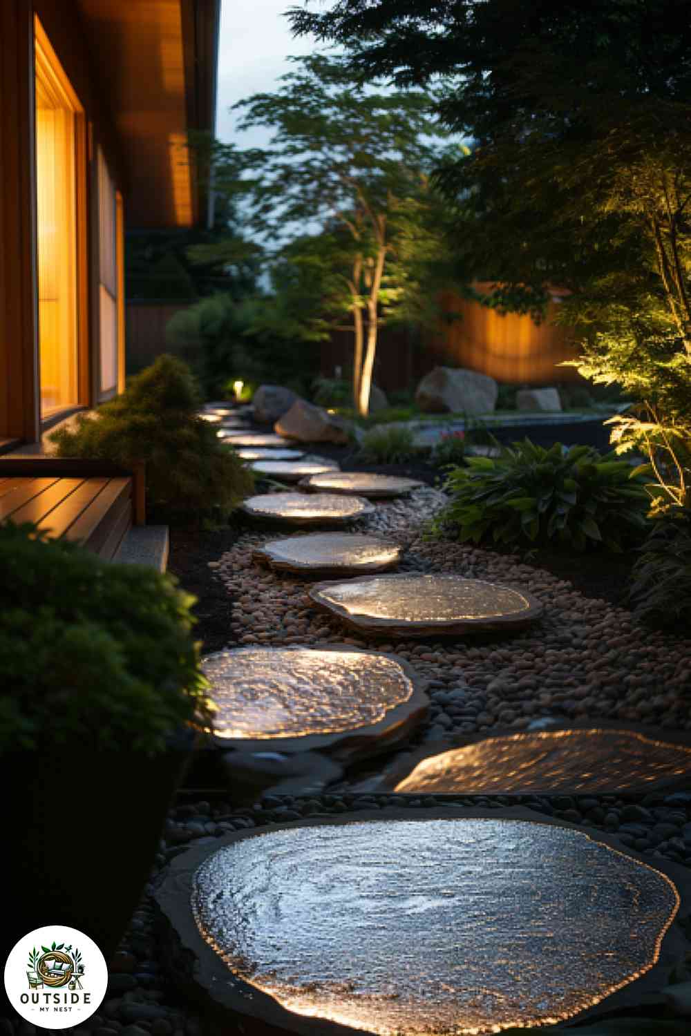 LED-lit stepping stones in a modern garden