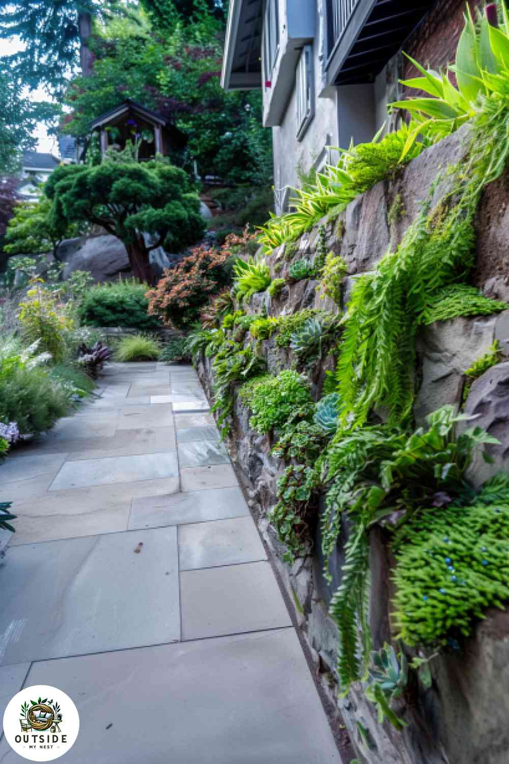 Living green retaining wall in a shaded garden.