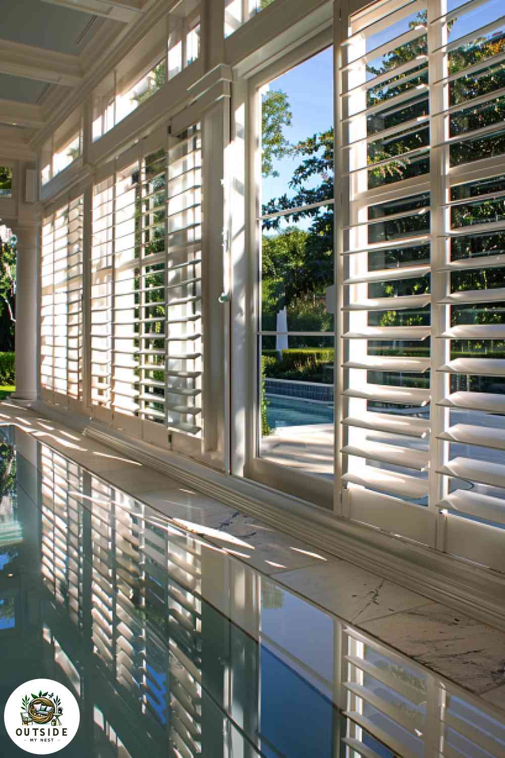 Louvered shutters with mirrored backs reflecting a garden.
