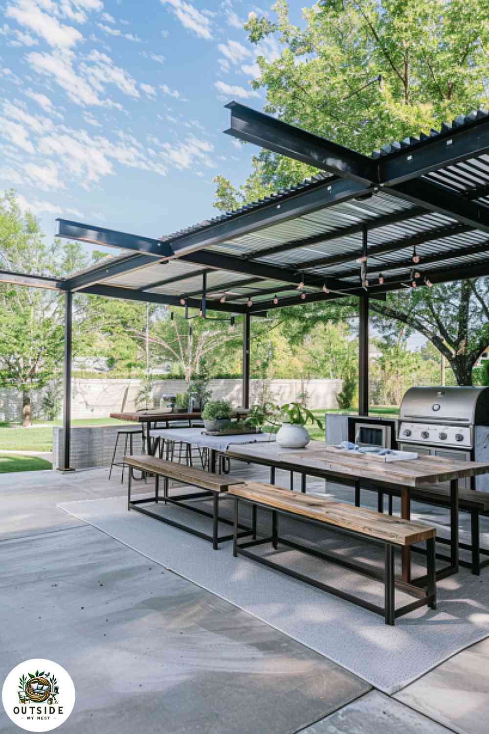 Metal roof patio with outdoor kitchen and concrete flooring