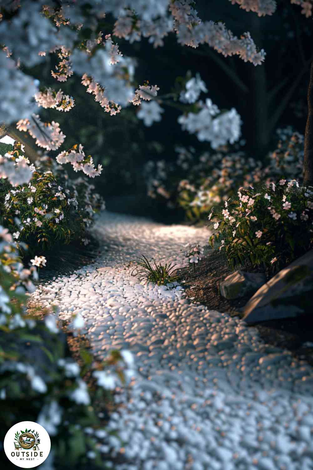 White pebbles pathway in a moonlit garden