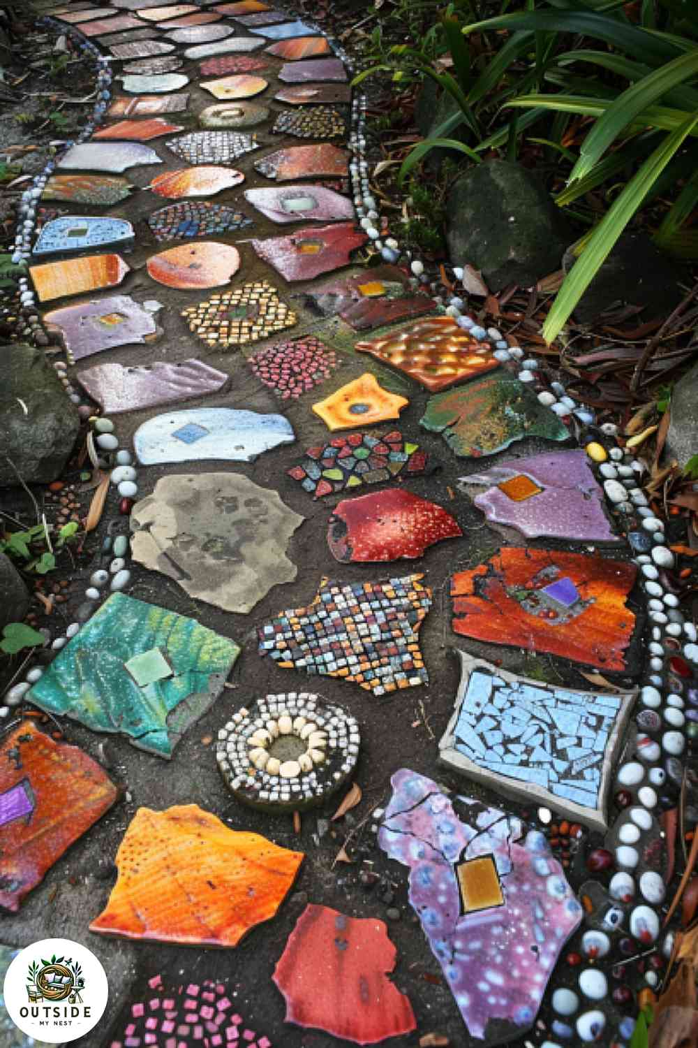 Mosaic tile stepping stones in artistic garden