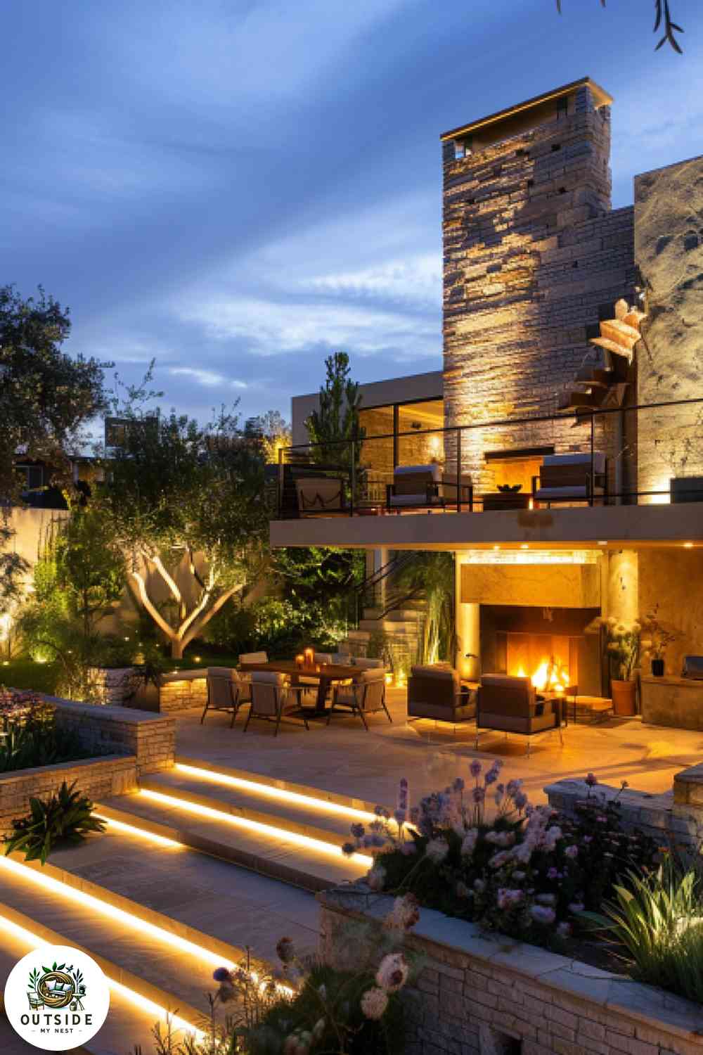 Multi-level outdoor living space with fireplace at twilight